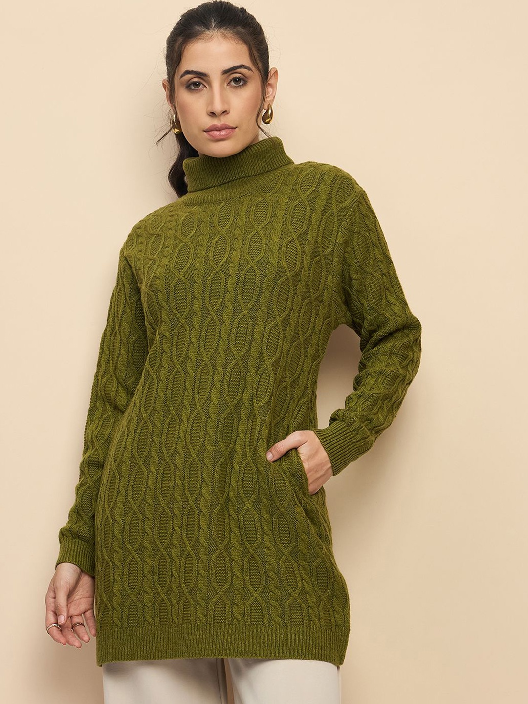 

CLAPTON Self Designed Wool High Neck Pull Over Sweater, Green