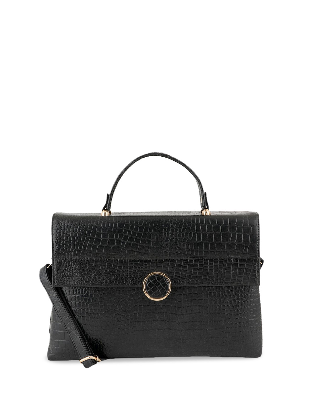 

Style Shoes Animal Textured Leather Structured Satchel with Cut Work, Black