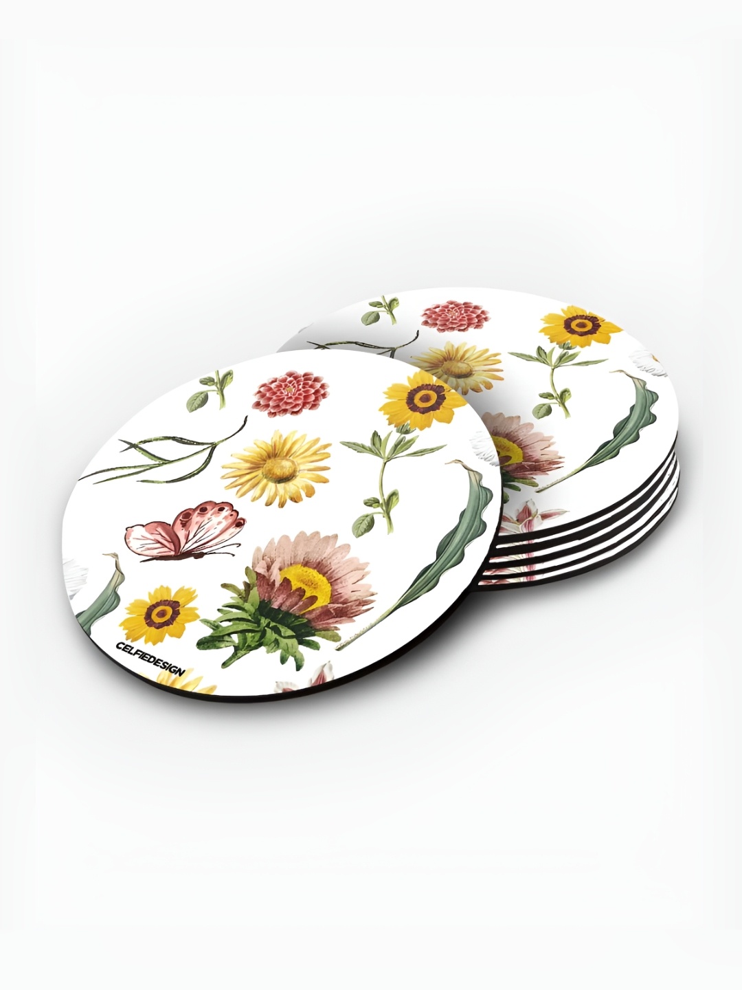 

macmerise White & Yellow 6 Pieces Printed Round Wooden Coasters
