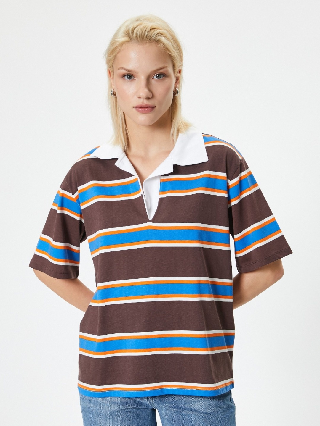 

Koton Women Striped Polo Collar Cotton Oversized T-Shirt, Brown