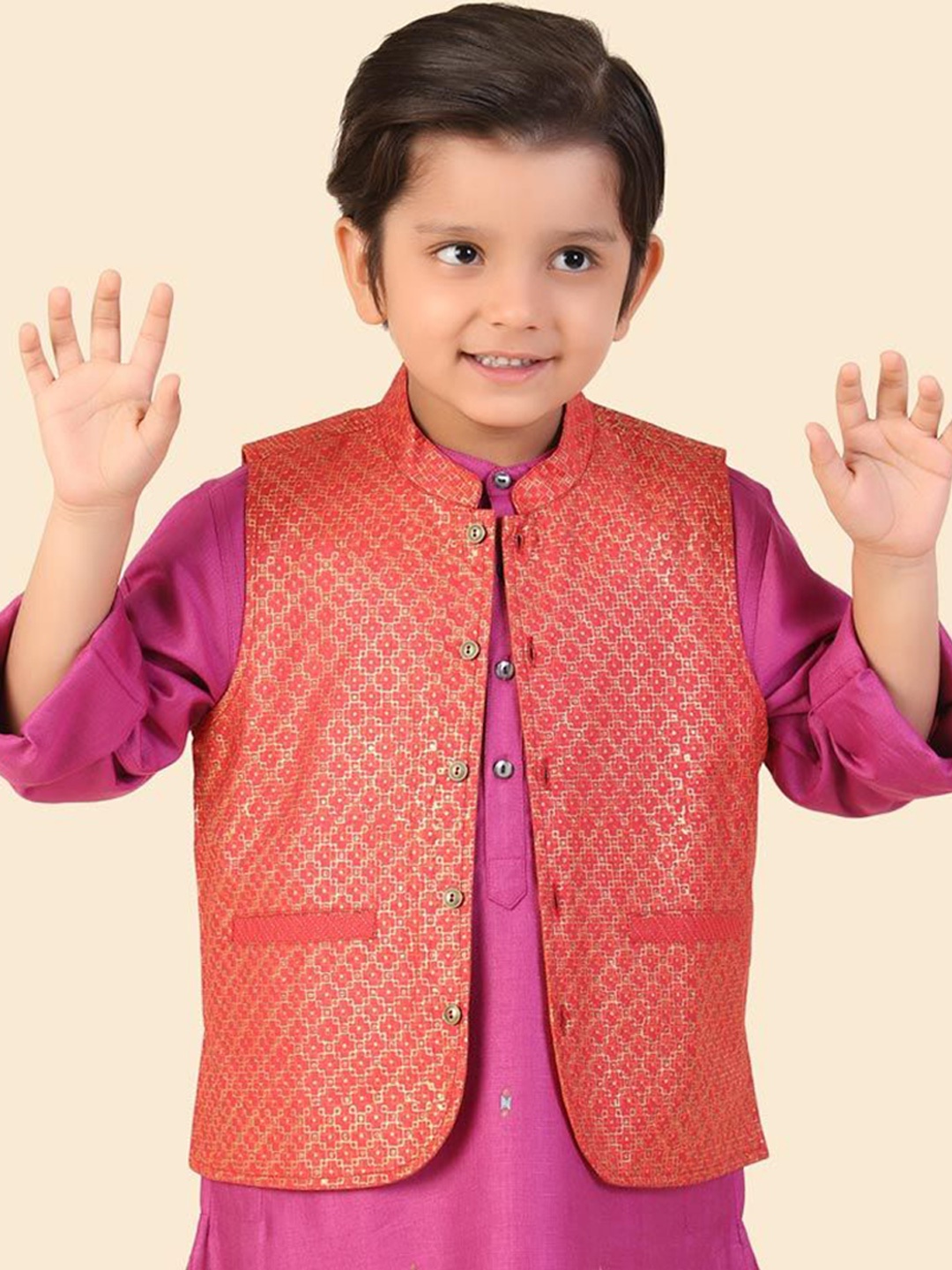 

Fabindia Boys Printed Nehru Jackets, Red