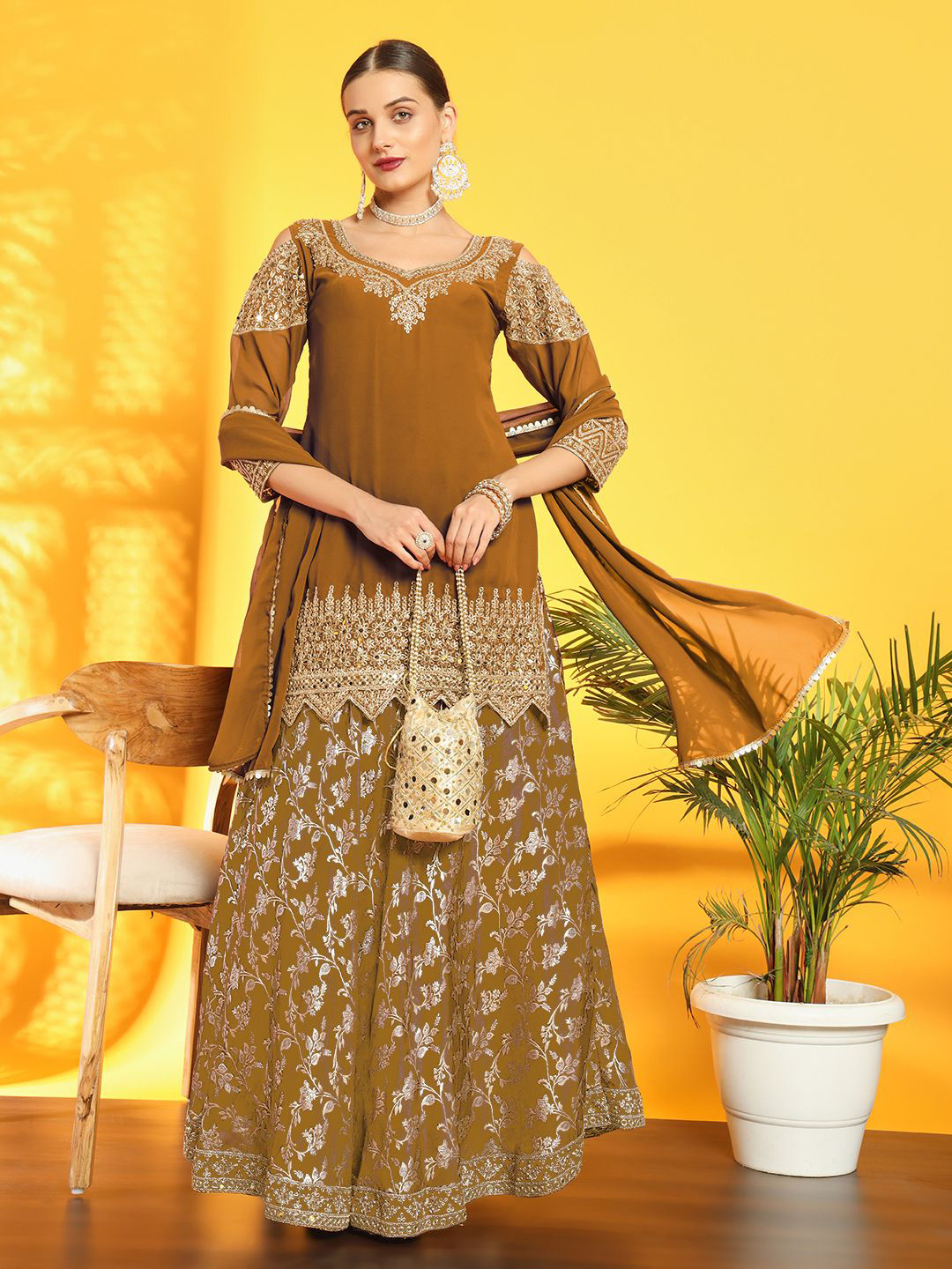 

Chhabra 555 Zari Embroidered V-Neck Peplum Kurta Lehenga With Dupatta, Mustard