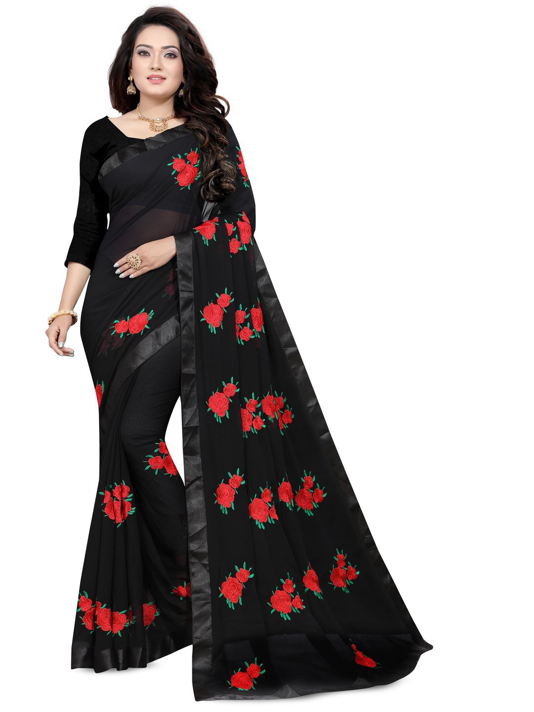 

ANJAVI FASHION Floral Embroidered Pure Georgette Maheshwari Saree, Black