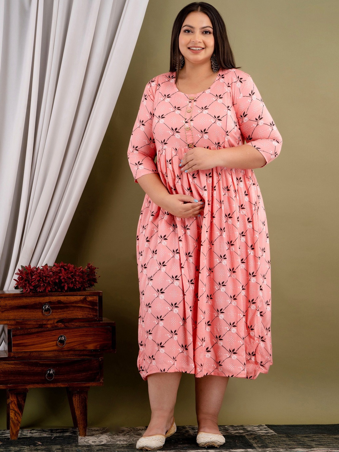 

Mialo fashion Plus Size Printed Maternity Flared Ethnic Dresses, Pink