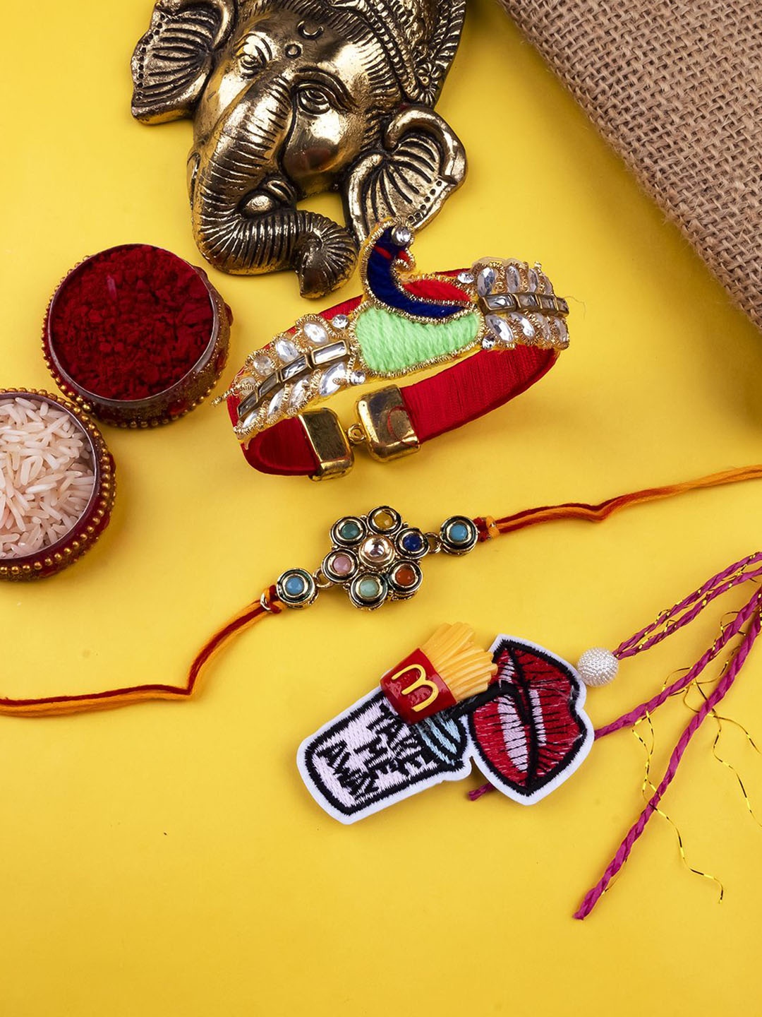 

StileAdda Set Of 3 Beaded Rakhis With Roli Chawal, Red
