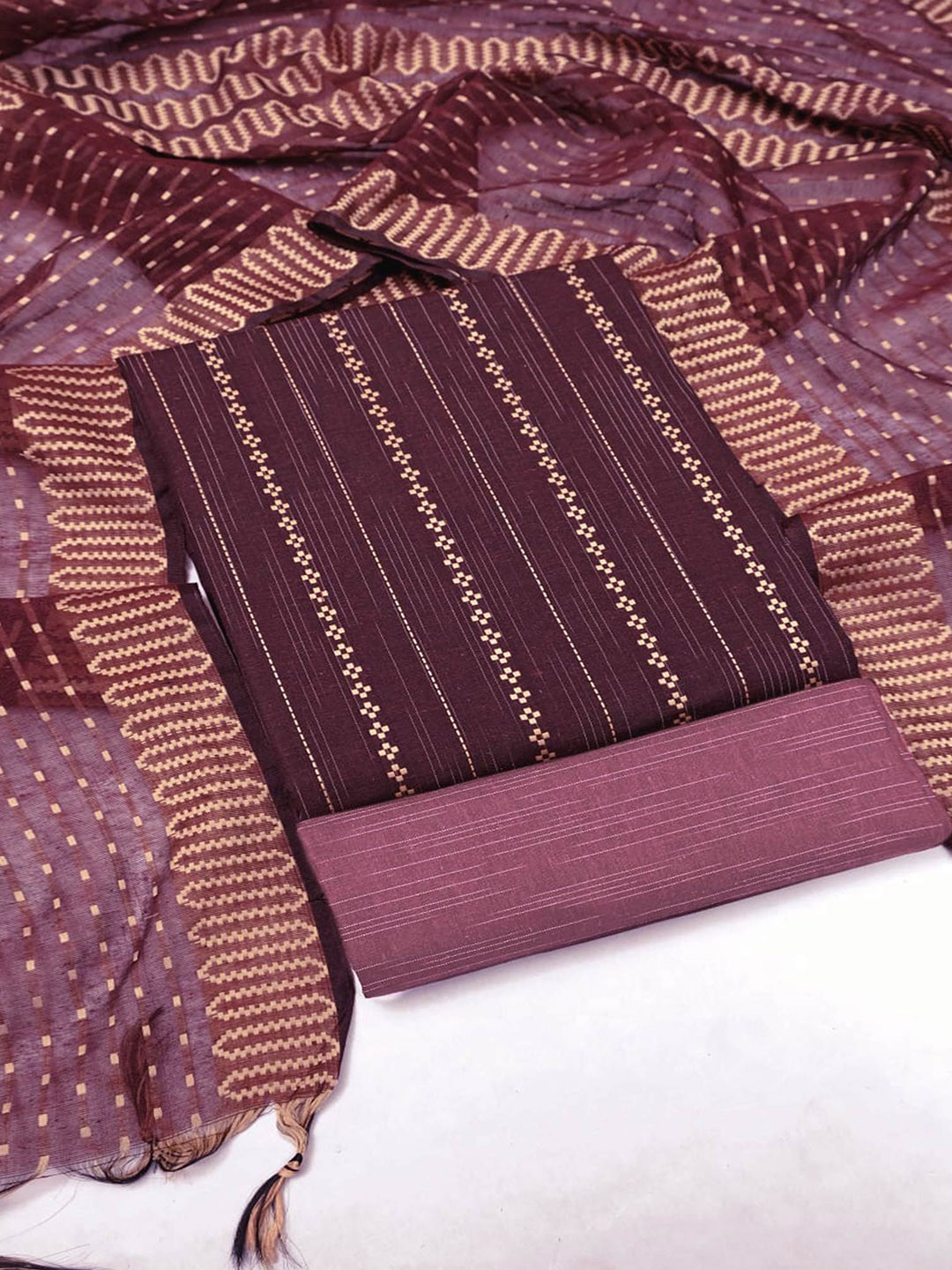 

Peachmode Geometric Unstitched Zari Dress Material, Purple
