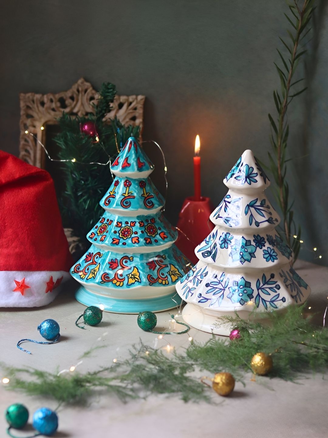 

WEAVING HOMES White & Teal-Blue 2 Pieces Printed Ceramic Christmas Tree