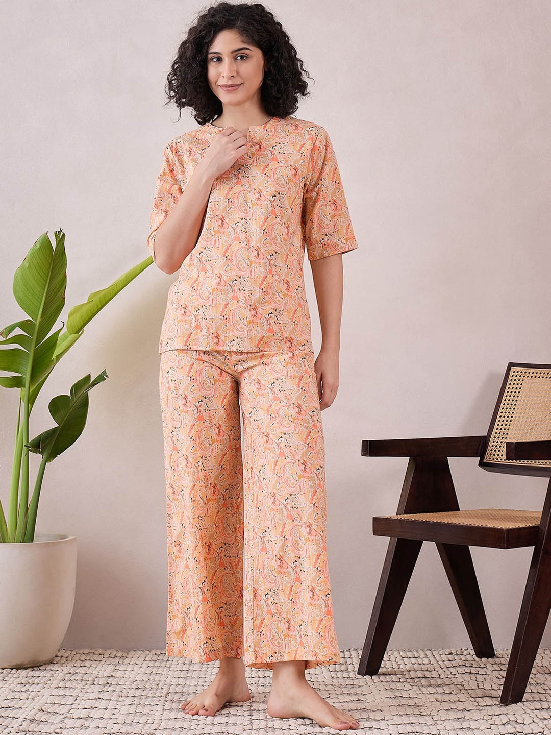 

July Women Ethnic Motifs Printed Night suit, Yellow