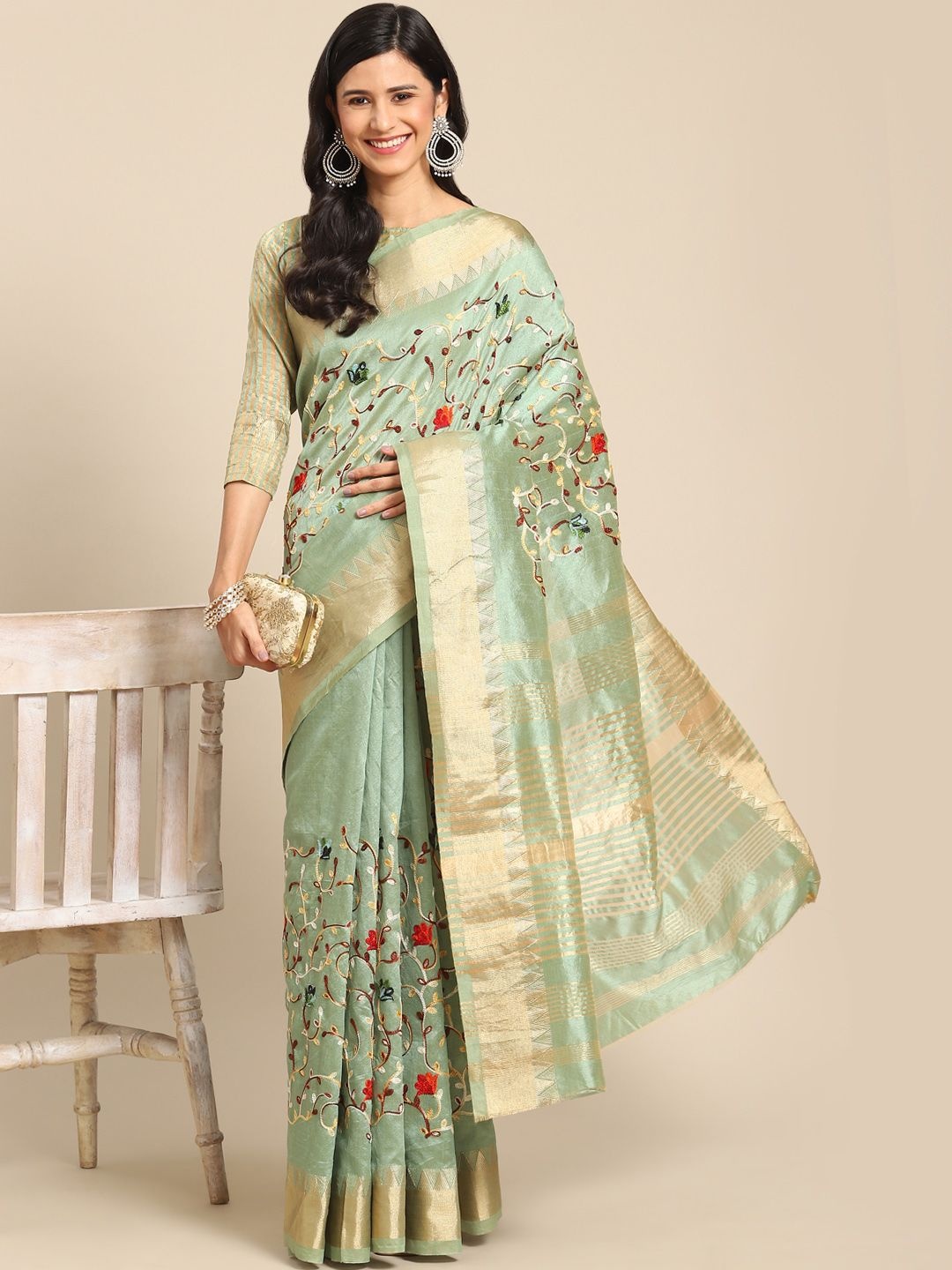 

KALINI Floral Embroidered Mysore Silk Saree, Green