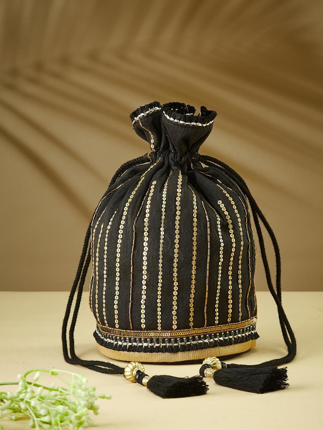 

Fabindia Textured Shopper Sling Bag with Tasselled, Black