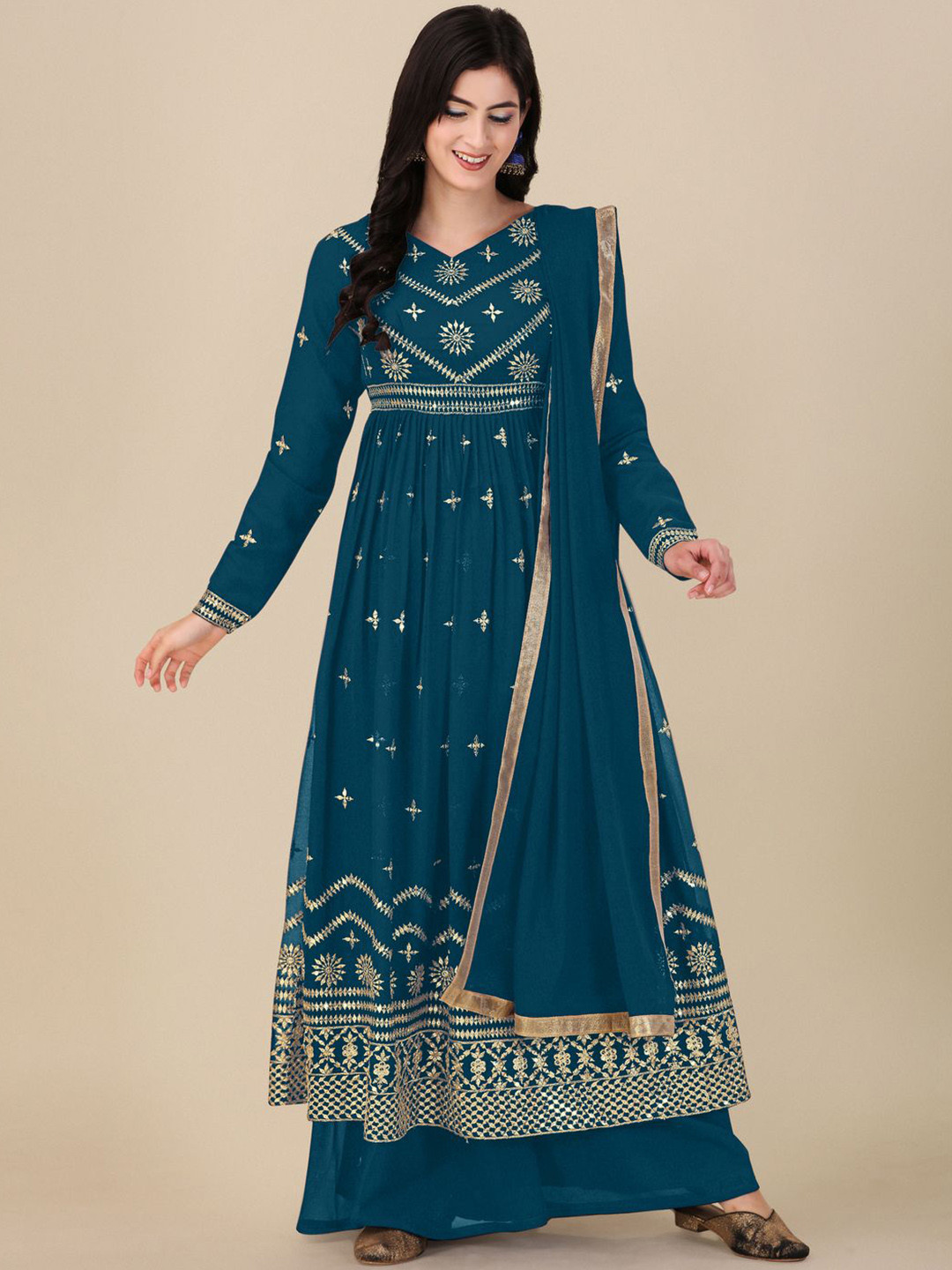 

KALINI Embroidered Sequinned Semi-Stitched Dress Material, Turquoise blue