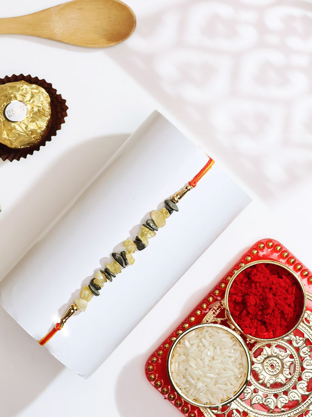 

Shubhanjali Set Of 2 Pyrite Citrine Chips Beaded Rakhi With Roli Chawal, Yellow