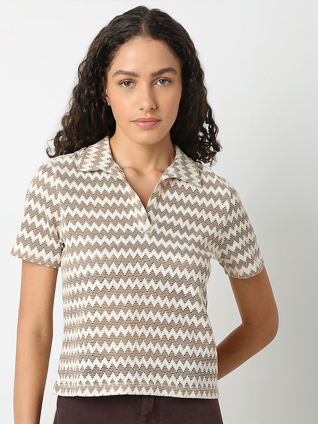 

Vero Moda Women Geometric Printed Shirt Collar Cotton Top, Brown