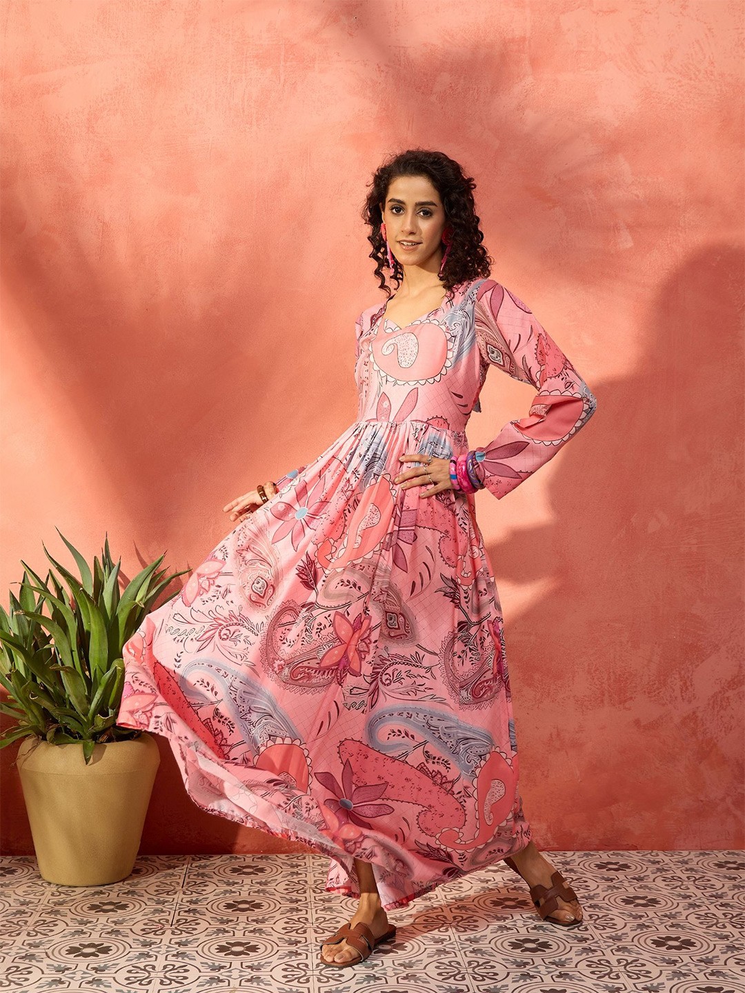 

InWeave Ethnic Motifs Print Fit and Flare Maxi Dress, Pink