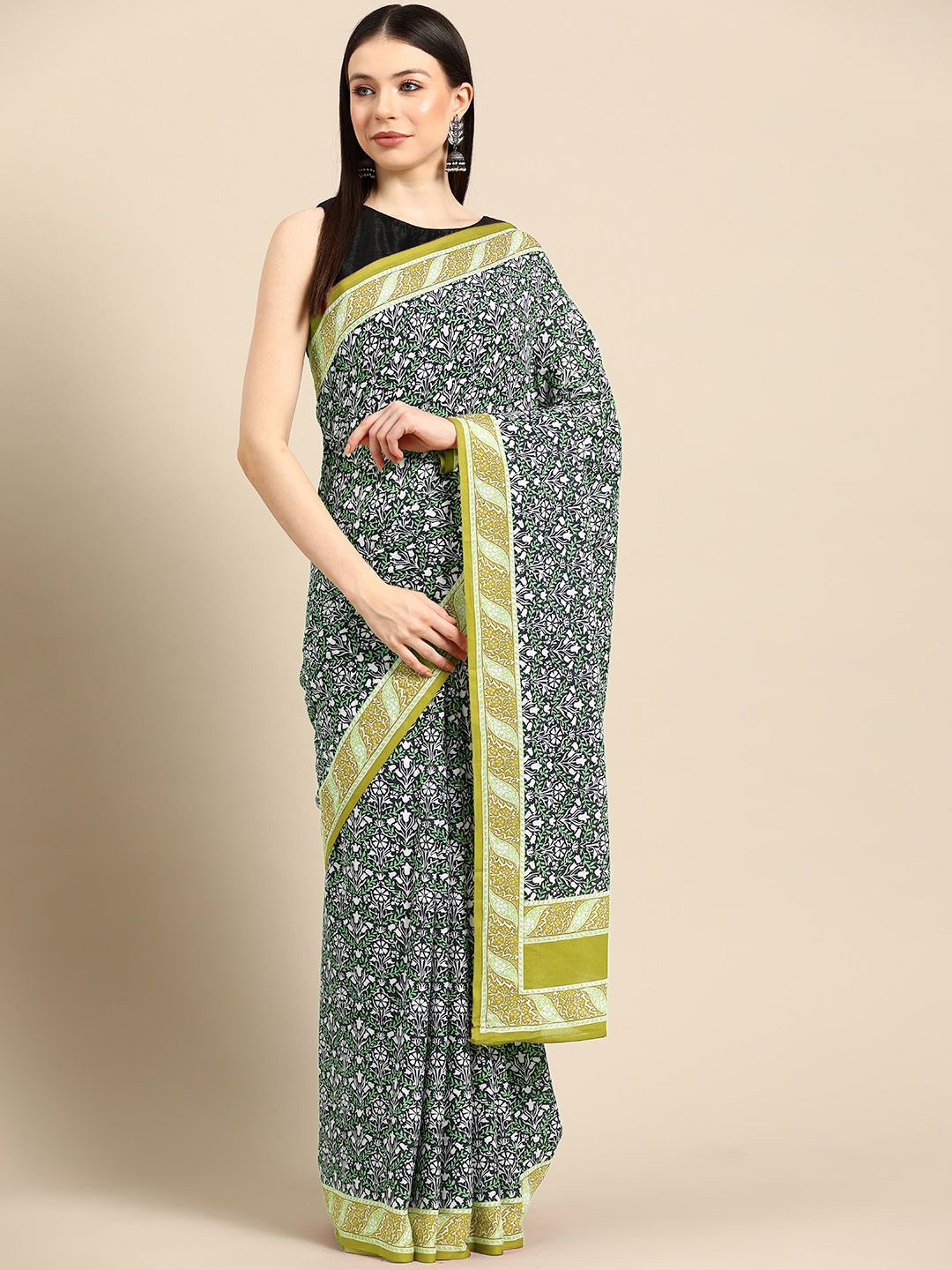 

BUTA BUTI Floral Printed Pure Cotton Saree, Olive