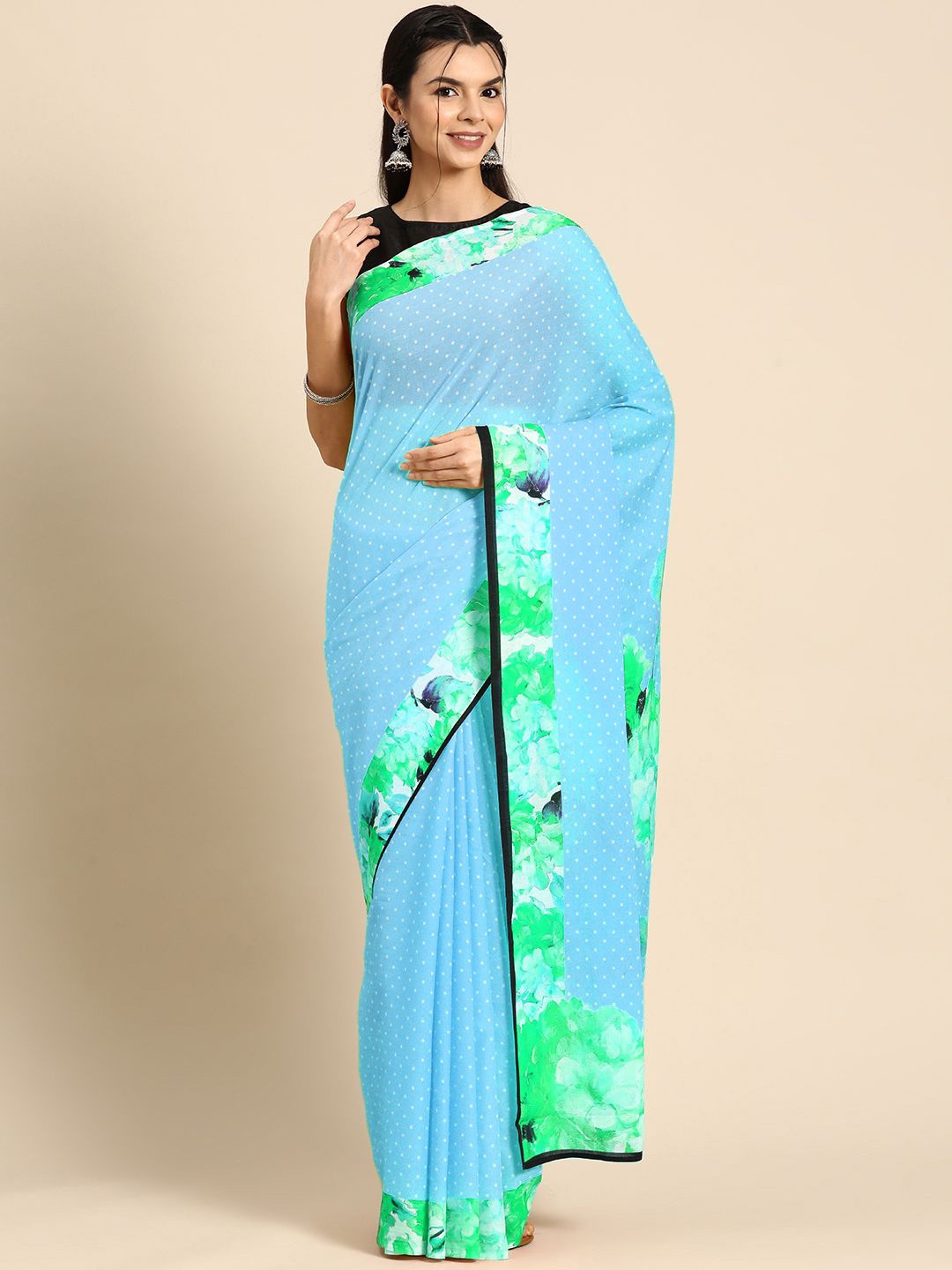 

BUTA BUTI Polka Dot Pure Cotton Saree, Blue