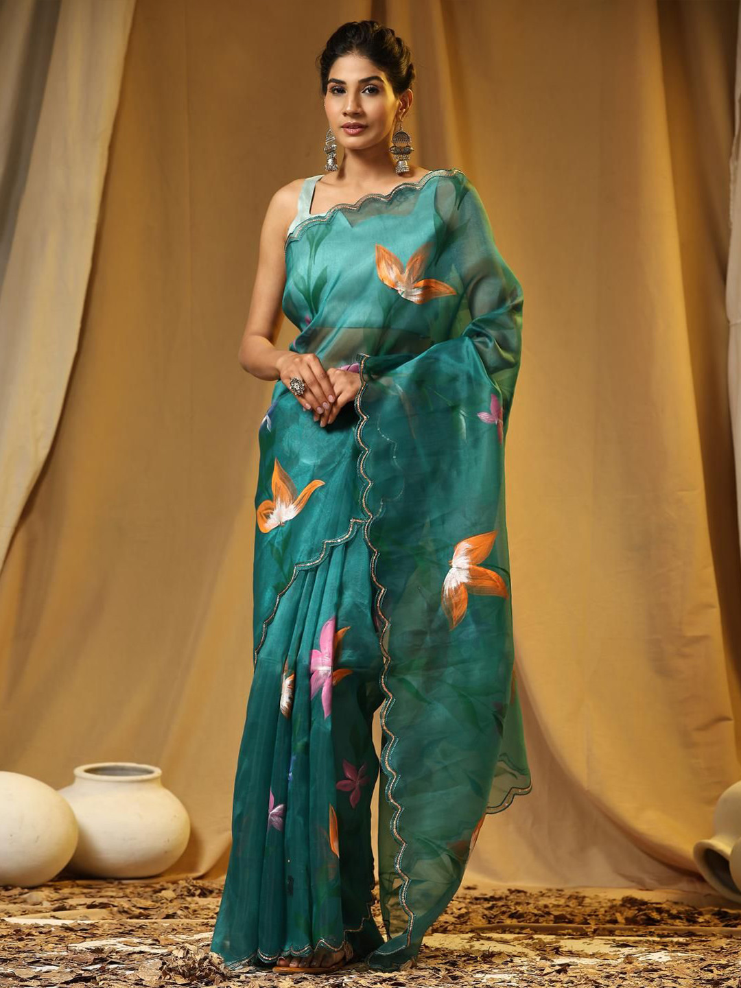 

Mitera Printed Sequinned Organza Saree, Green