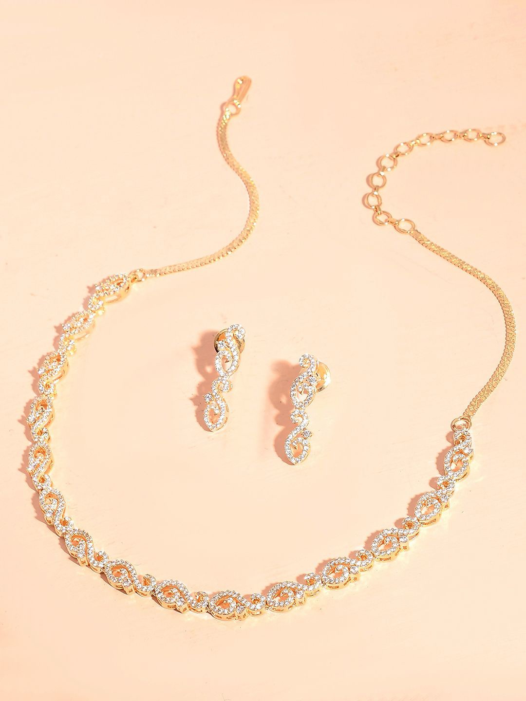 

Voylla Sparkling Rhodium-Plated American Diamond Studded Jewellery Set, Gold