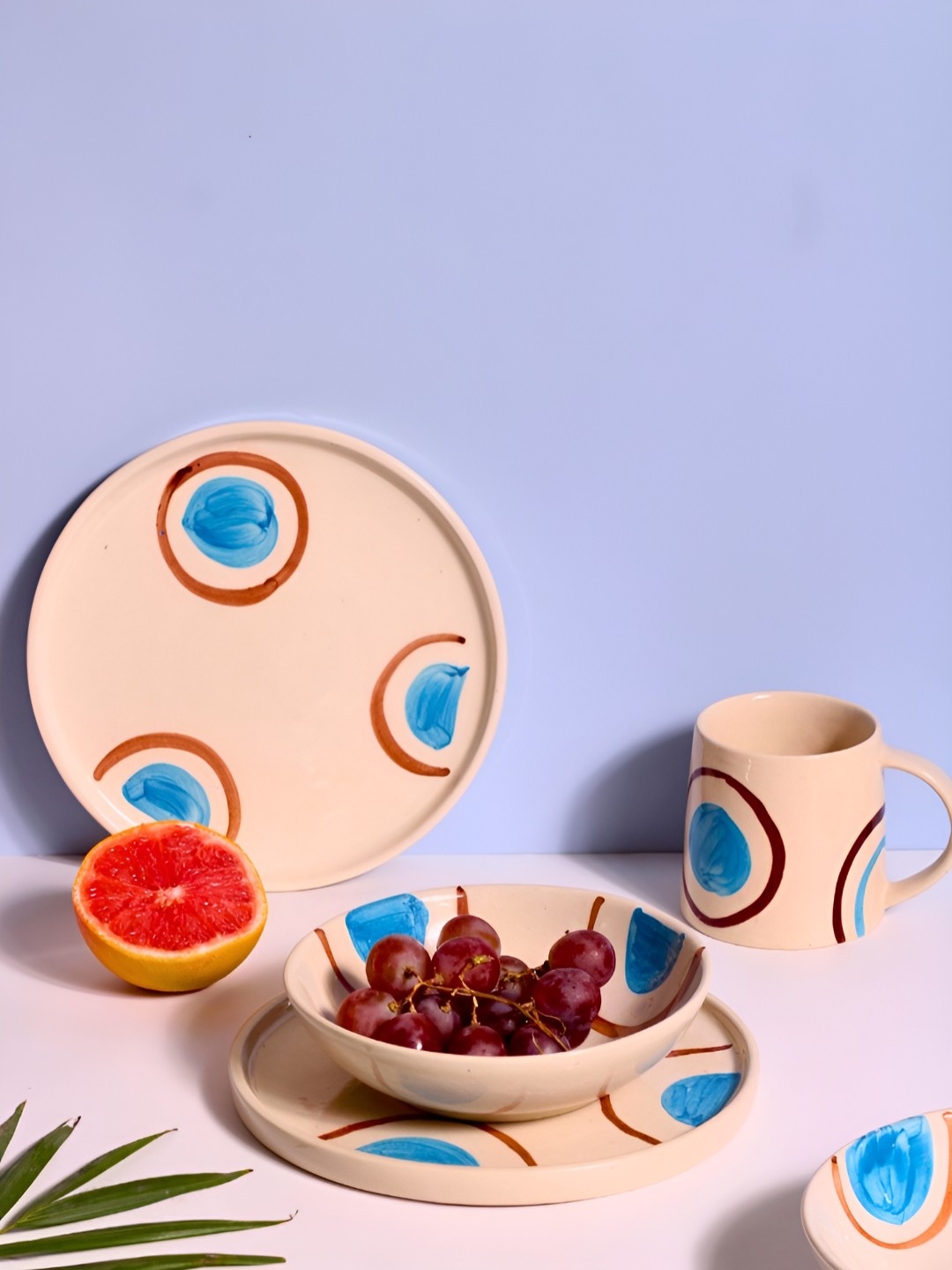 

WEAVING HOMES Brown & Blue 3 Pieces Printed Ceramic Glossy Dinner Set