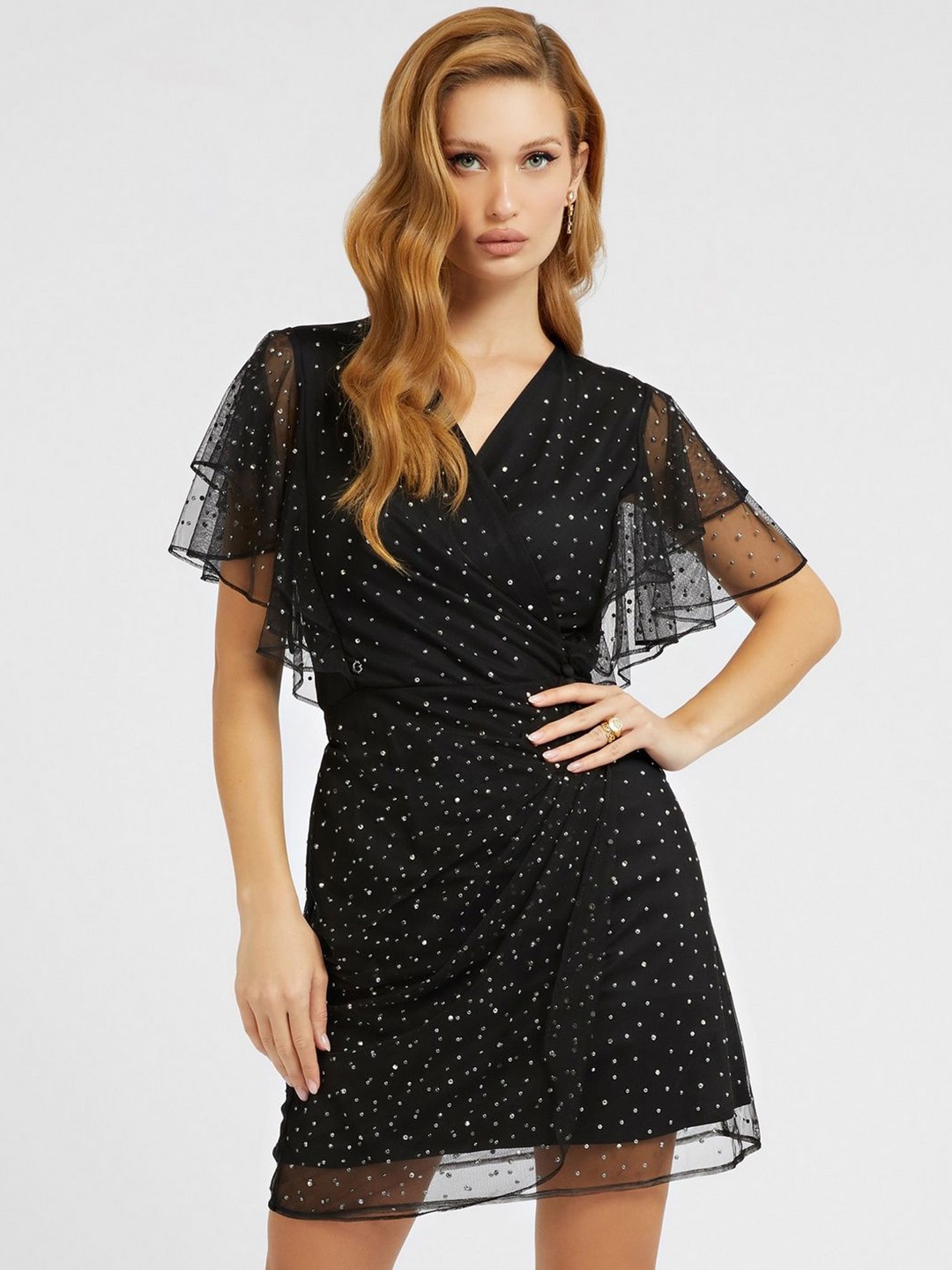 

GUESS Embellished Flared Sleeve Wrap Mini Dress, Black