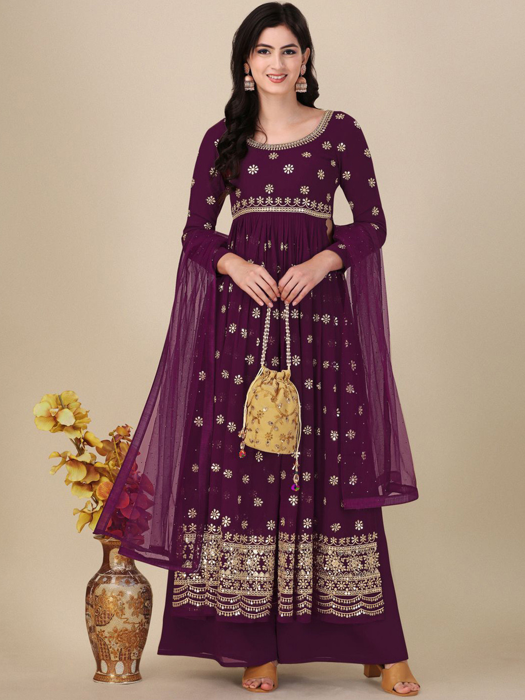 

KALINI Floral Embroidered Sequinned Semi-Stitched Dress Material, Purple