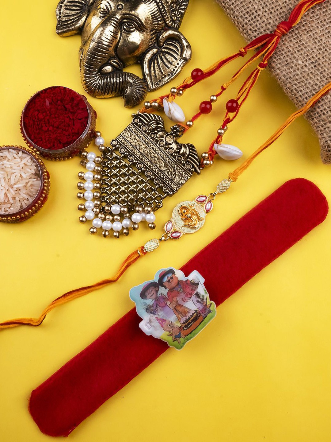 

StileAdda Set Of 3 Beaded Rakhis With Roli Chawal, Red