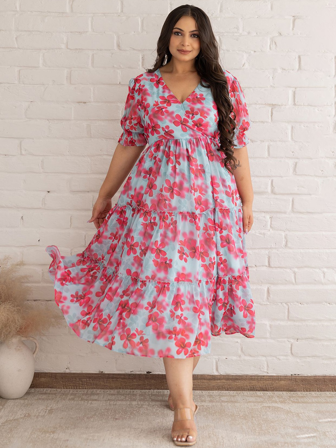 

Polago Clothing Floral Printed Puff Sleeves Fit and Flare Midi Dress, Blue