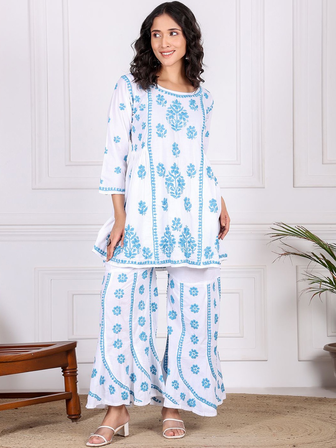 

Chowkhat Ethnic Motifs Embroidered Thread Work Pure Cotton A-Line Kurta With Palazzos, White