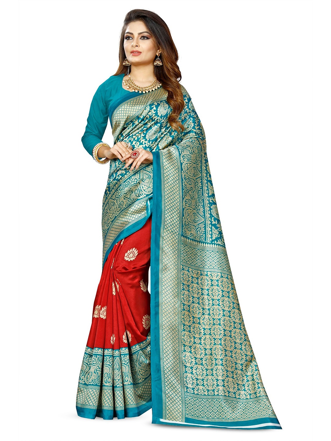 

RUNAYA NX Ethnic Motifs Zari Art Silk Saree, Turquoise blue