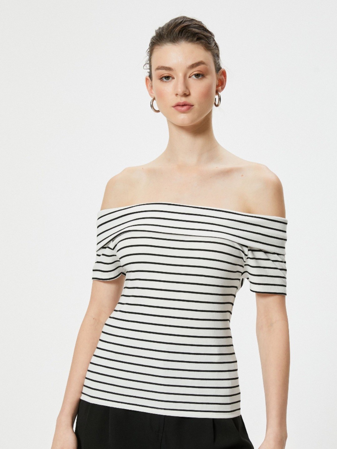 

Koton Women Striped Extended Sleeves Pockets T-shirt, White