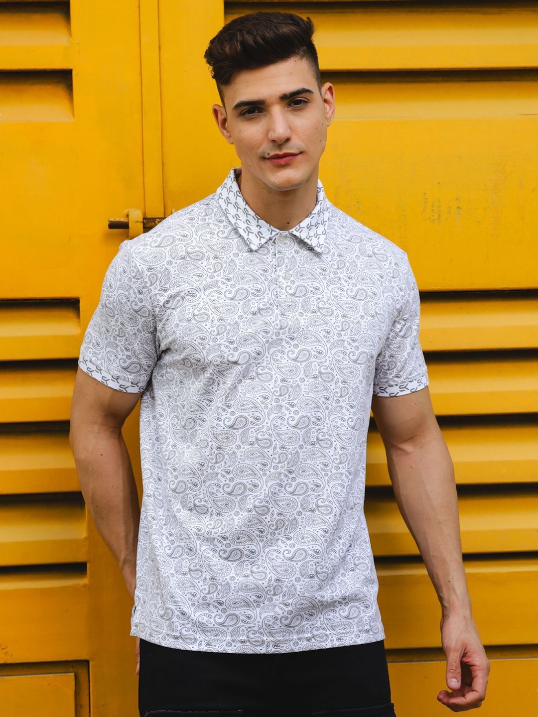 

ONE SKY Men Abstract Printed Polo Collar Cotton T-Shirt, White