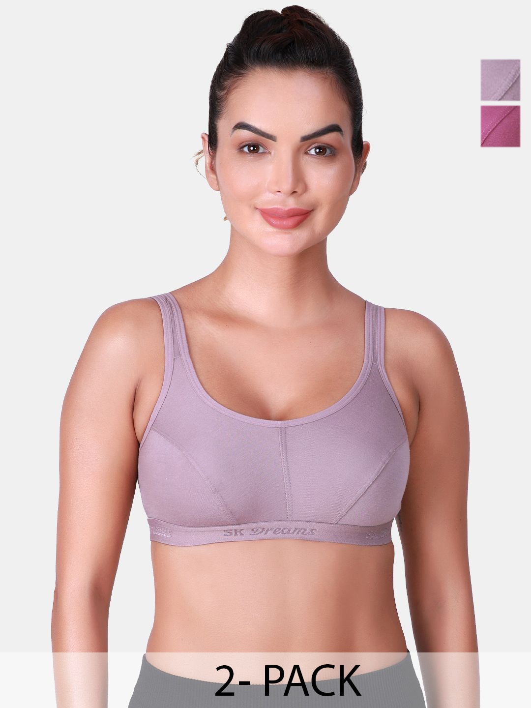 

SKDREAMS Pack Of 2 Cotton Seamed Non Padded Full Coverage Sports Bra, Purple