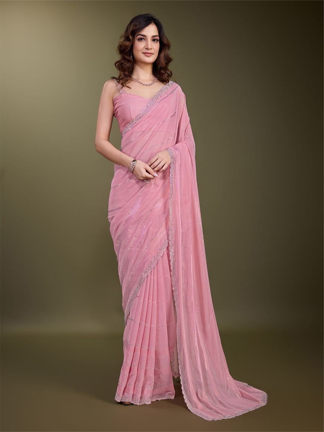

Trendmalls Embellished Beads and Stones Striped Pure Chiffon Saree, Pink