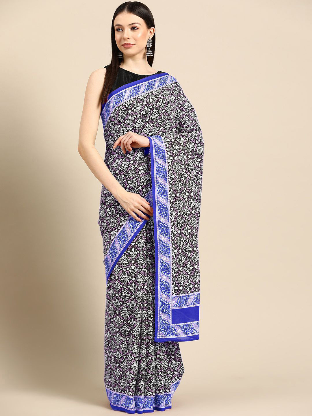 

BUTA BUTI Floral Pure Cotton Saree, Navy blue