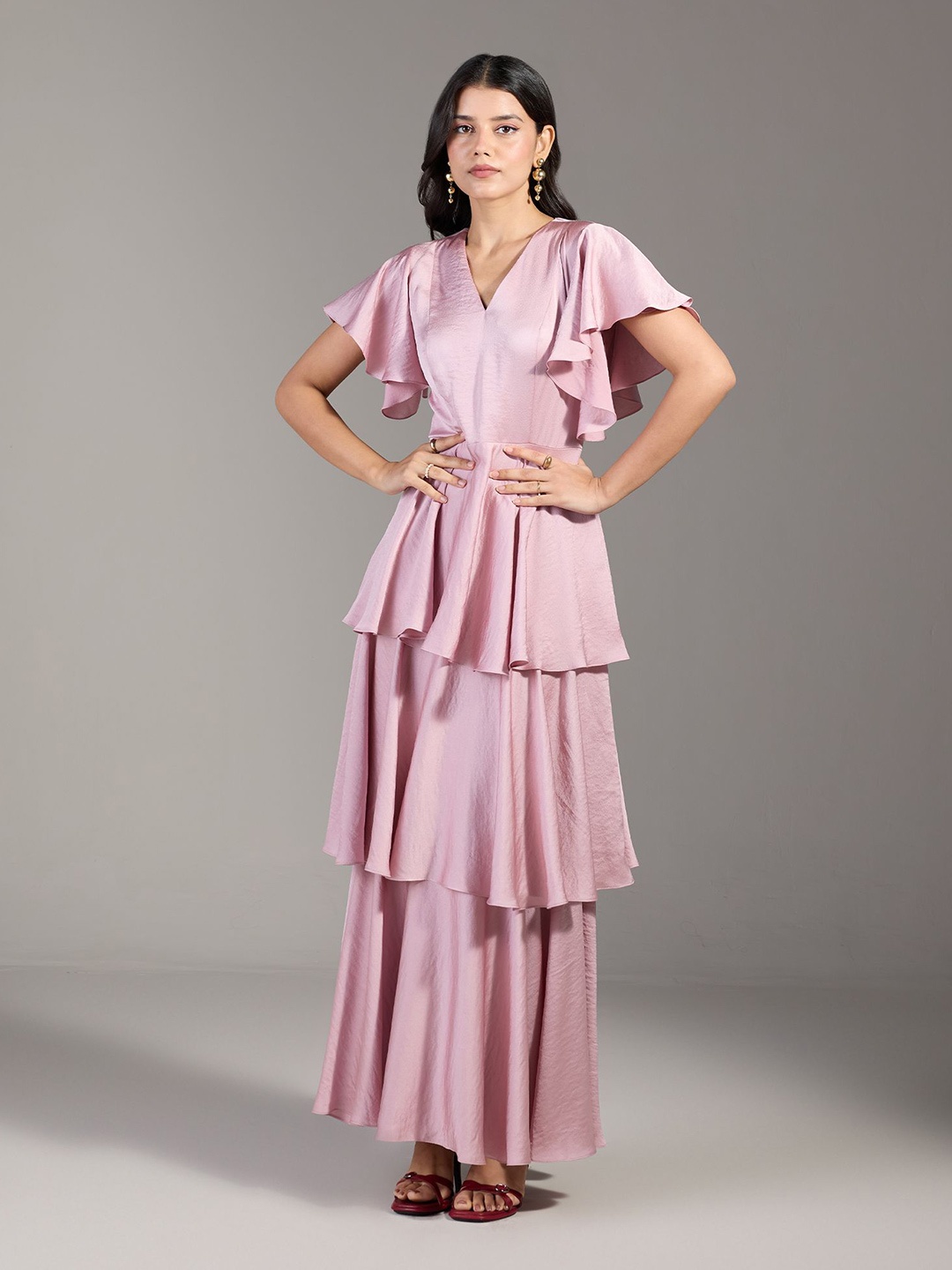 

20Dresses Satin V-Neck Maxi Layered Dress, Pink