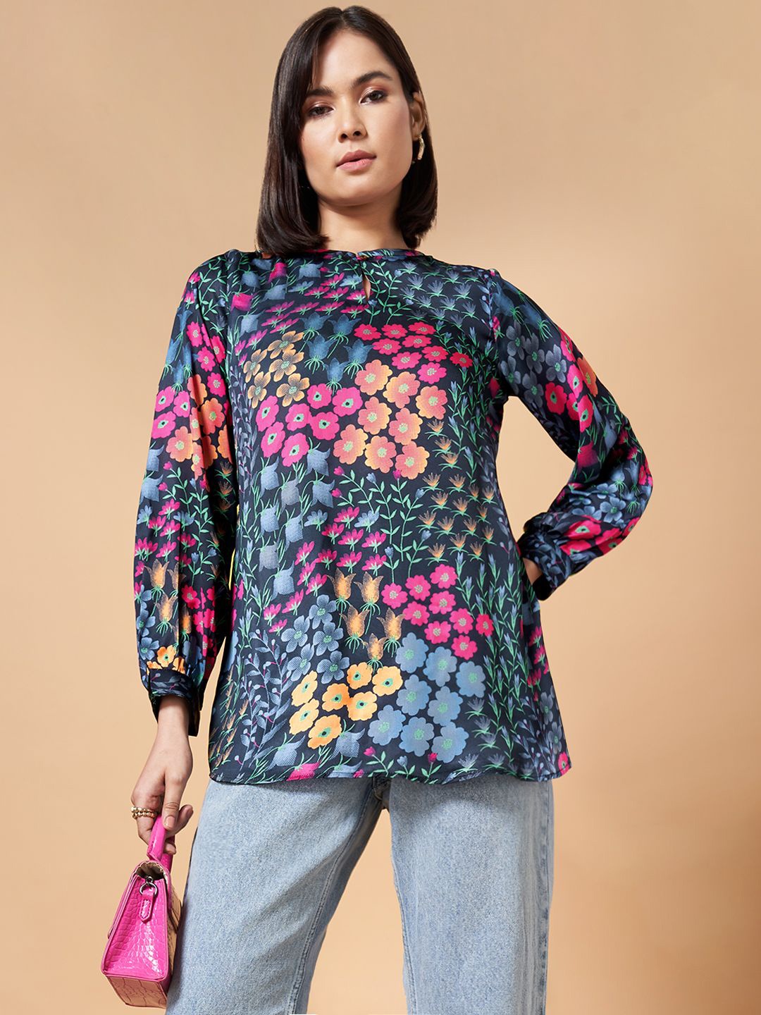 

Marigold Lane Mandarin Collar Printed Tunic, Charcoal