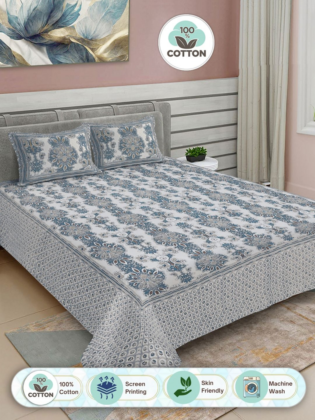 

FABINALIV Blue & White Ethnic Print Pure Cotton King Size Bedsheet & 2 Pillow Covers