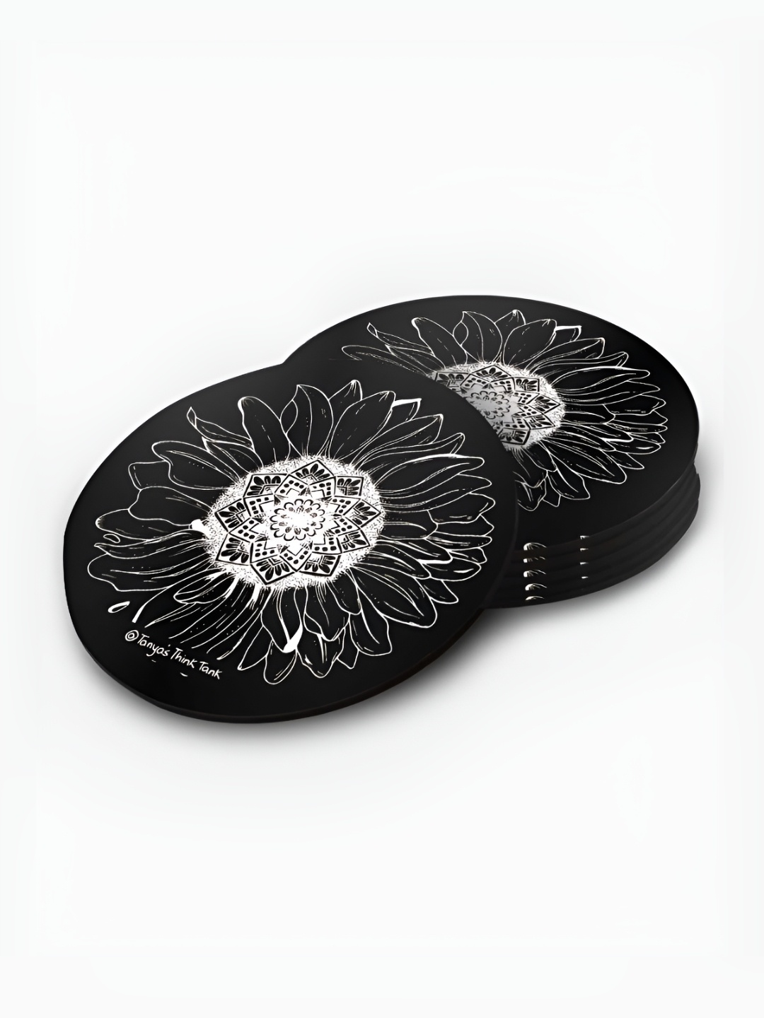 

macmerise Black & White 6 Pieces Printed Wooden Circular Coasters