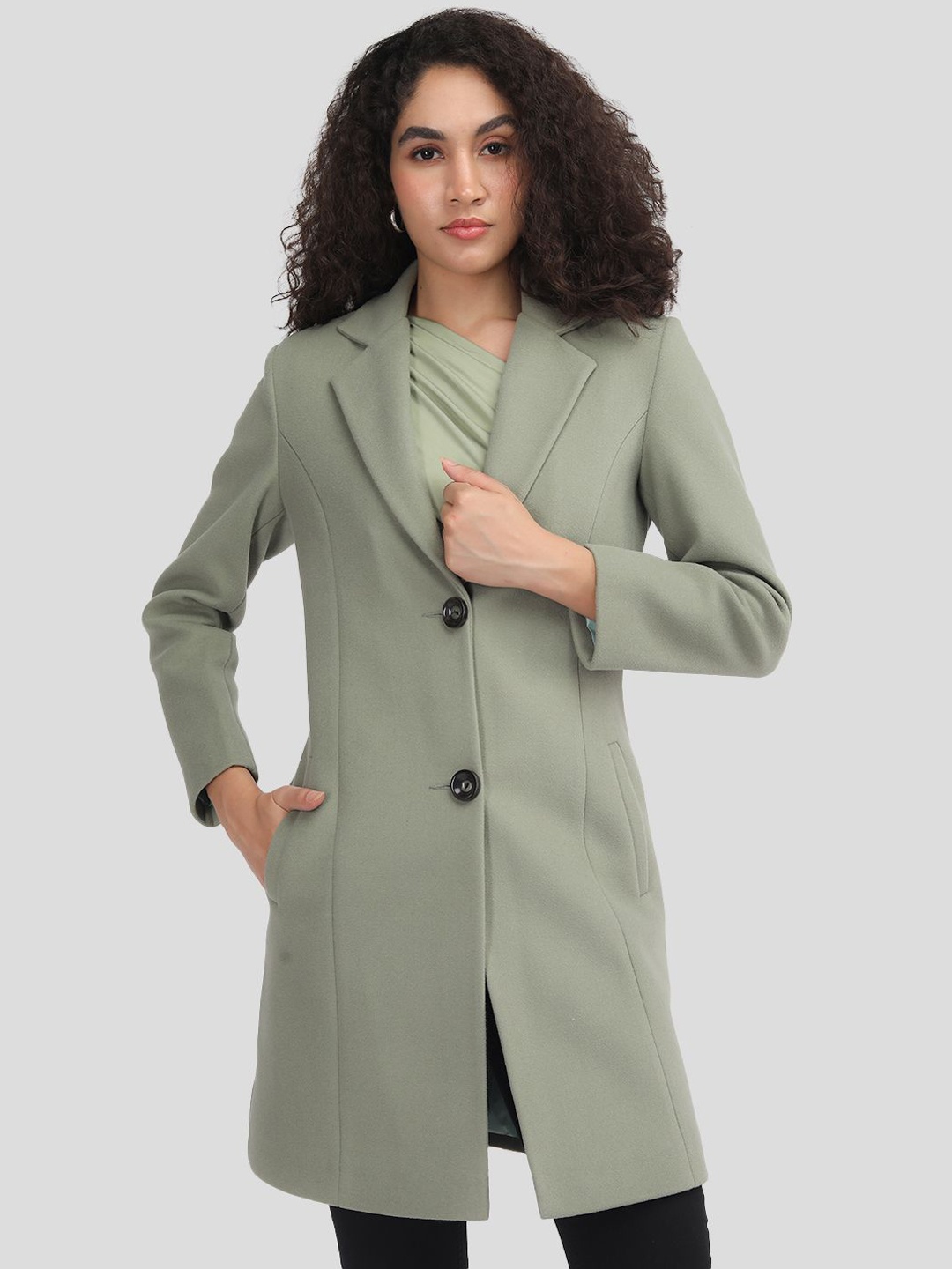 

Plagg Women Solid Notched Lapel Overcoat, Green