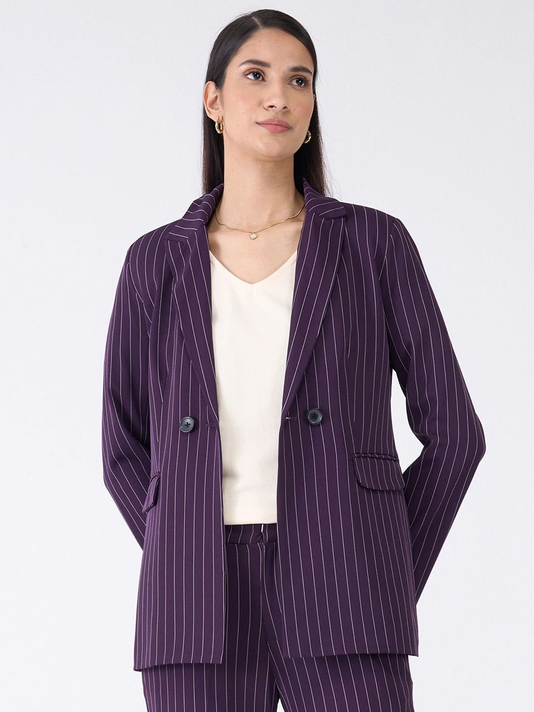 

SALT ATTIRE Striped Notched Lapel Tailored Fit Double Breasted Blazers, Purple