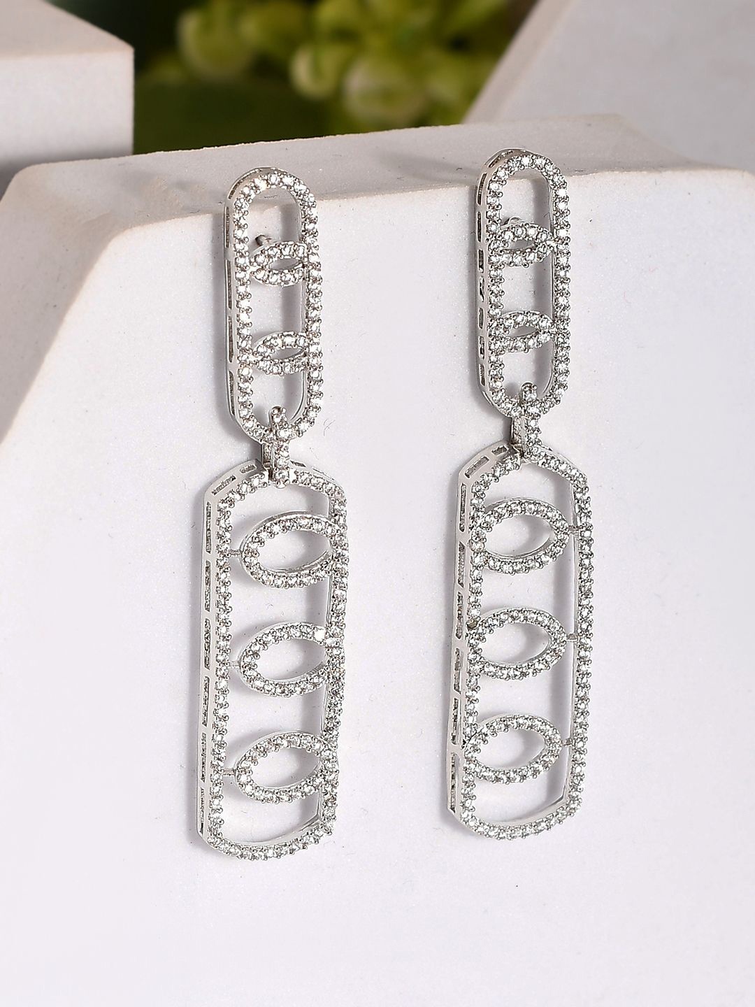 

Voylla Sparkling Elegance Rhodium-Plated American Diamond Studded Drop Earrings, Silver
