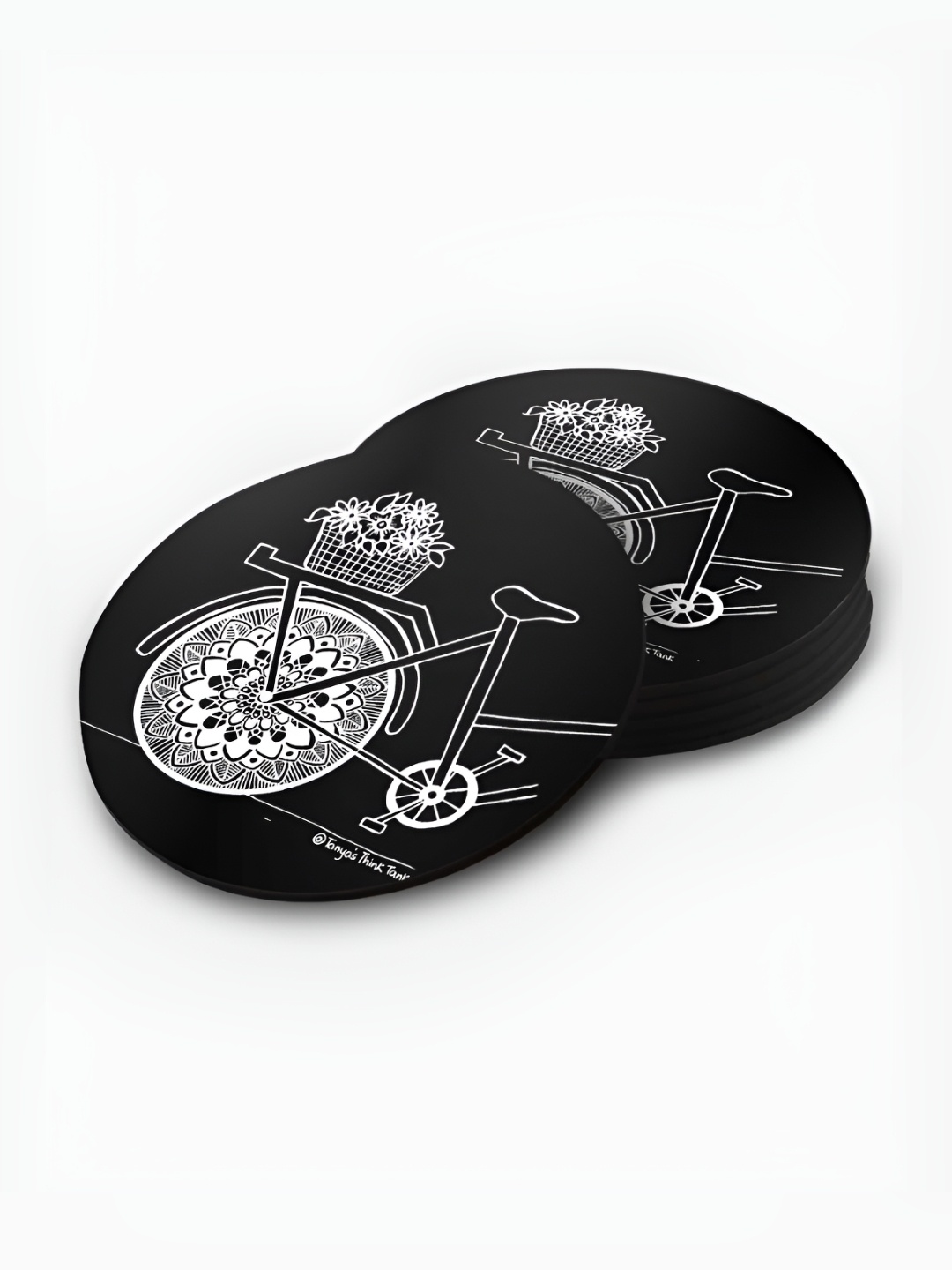 

macmerise Black & White 6 Pieces Bicycle Printed Wooden Circular Coasters