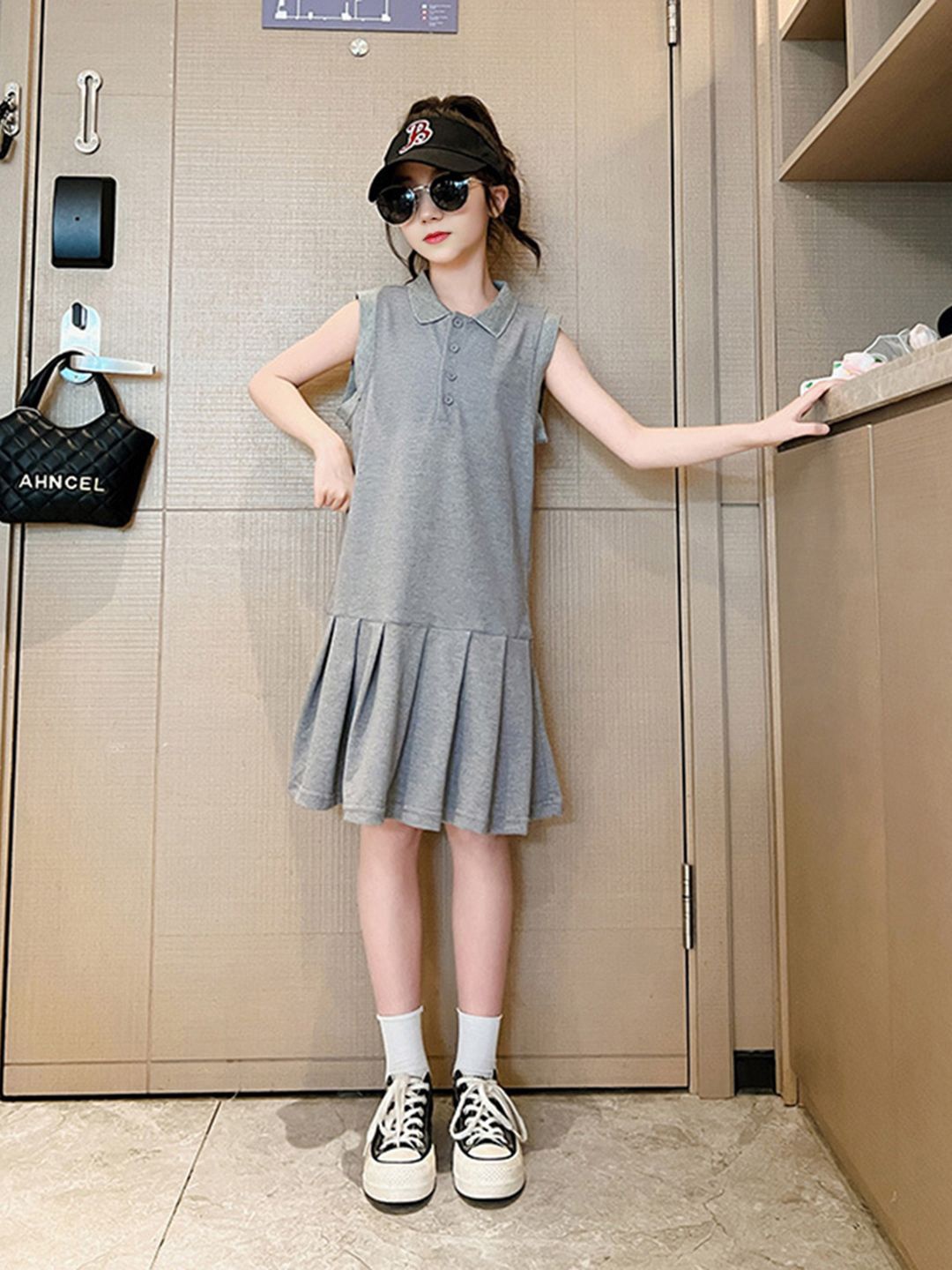 

INCLUD Girls Shirt Collar Drop-Waist Dress, Grey