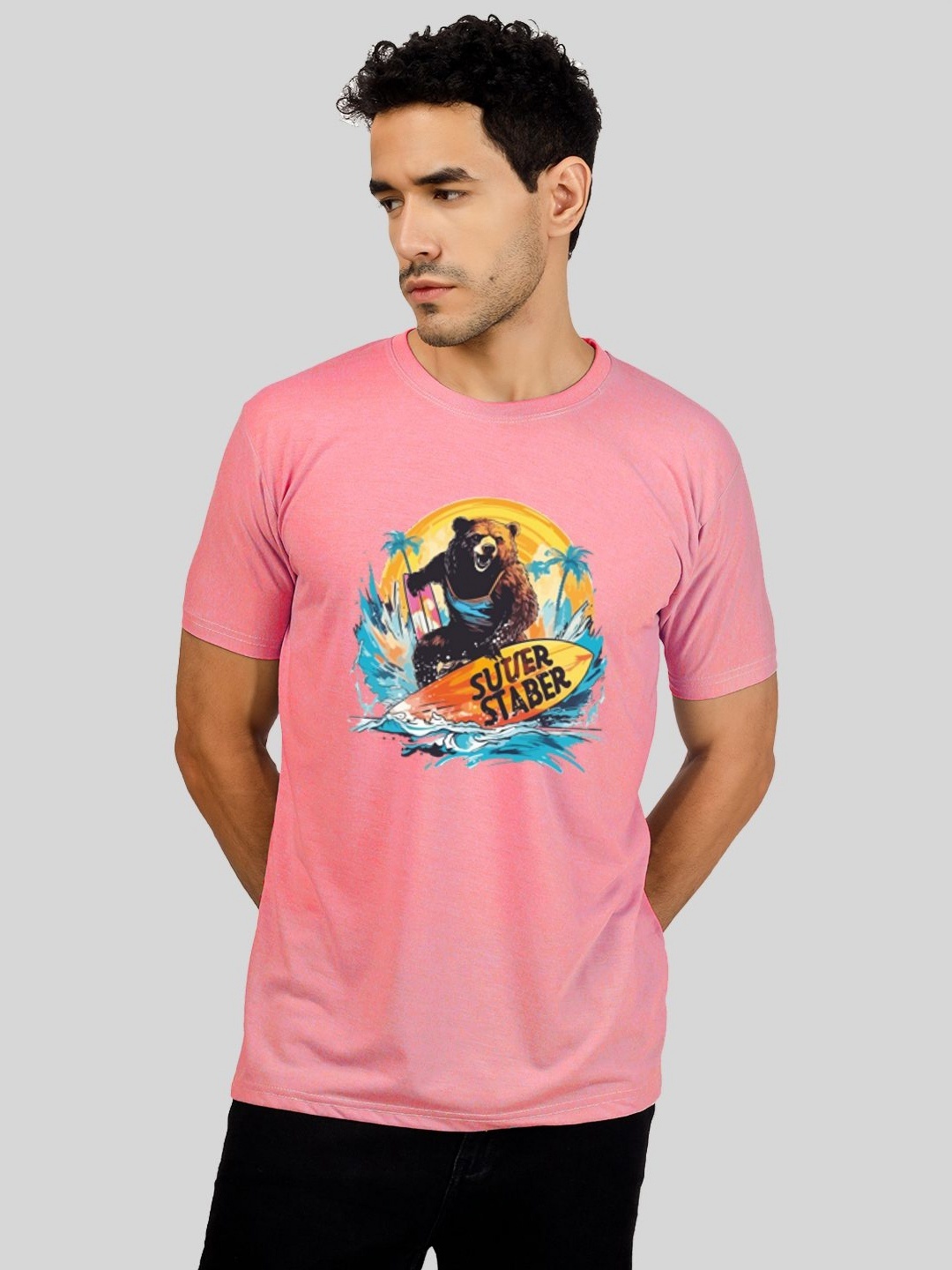 

Greylongg Men Graphic Printed Round Neck T-Shirt, Pink