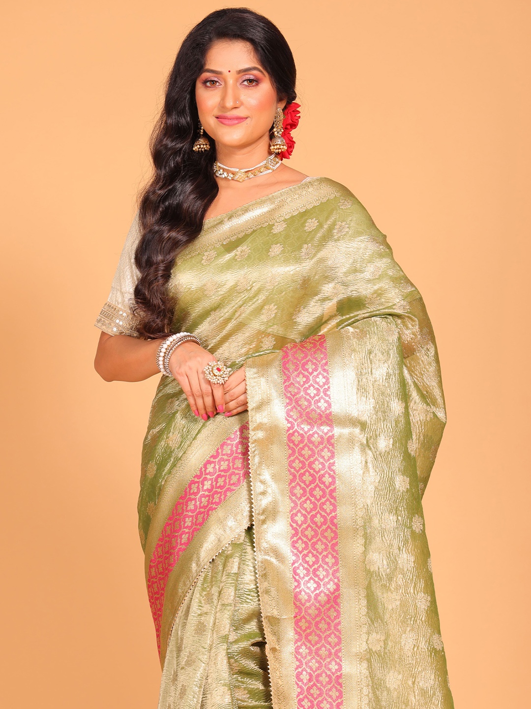 

Morchari Floral Zari Tissue Saree, Green