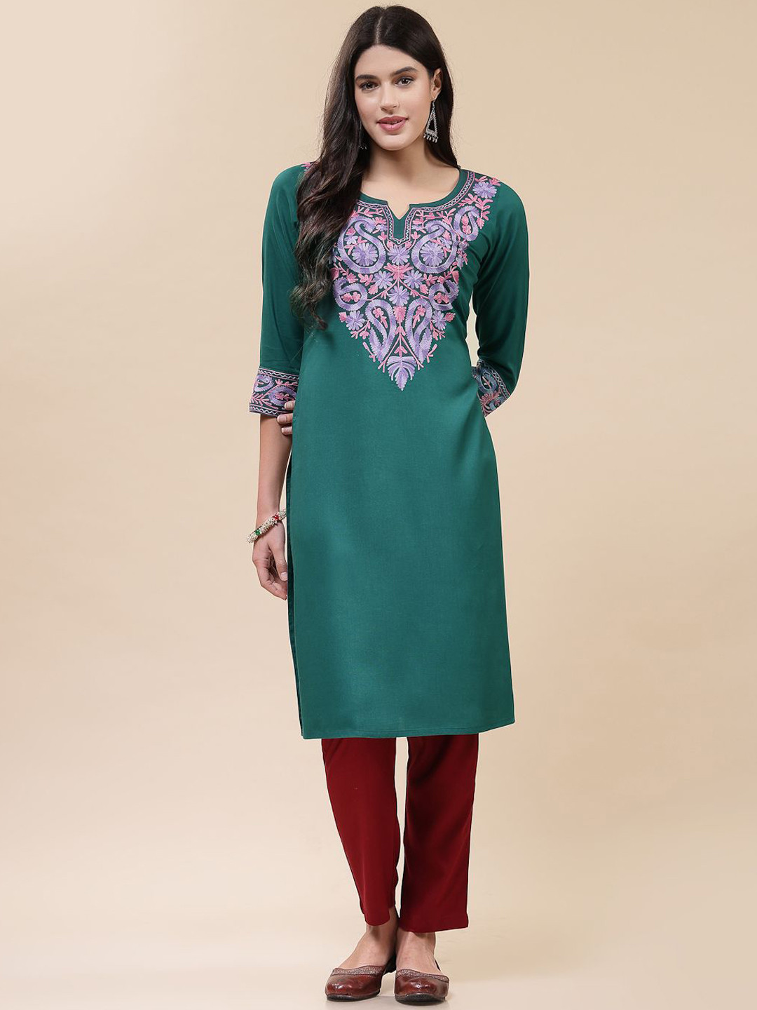 

QAZMI Kashmiri Pashmina Work A-Line Kurta, Green