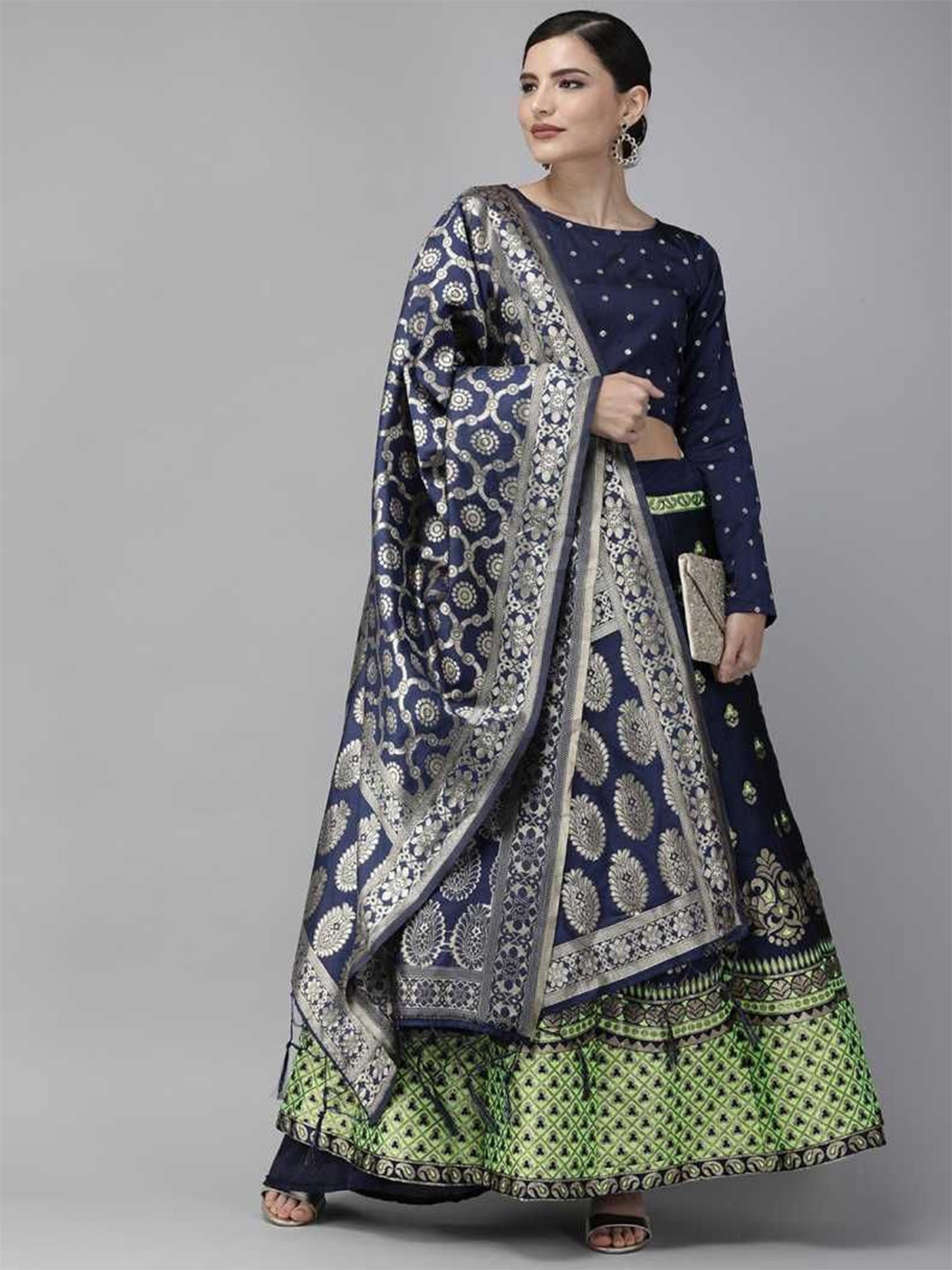 

KAZIA Woven Design Semi-Stitched Lehenga & Unstitched Blouse With Dupatta, Navy blue