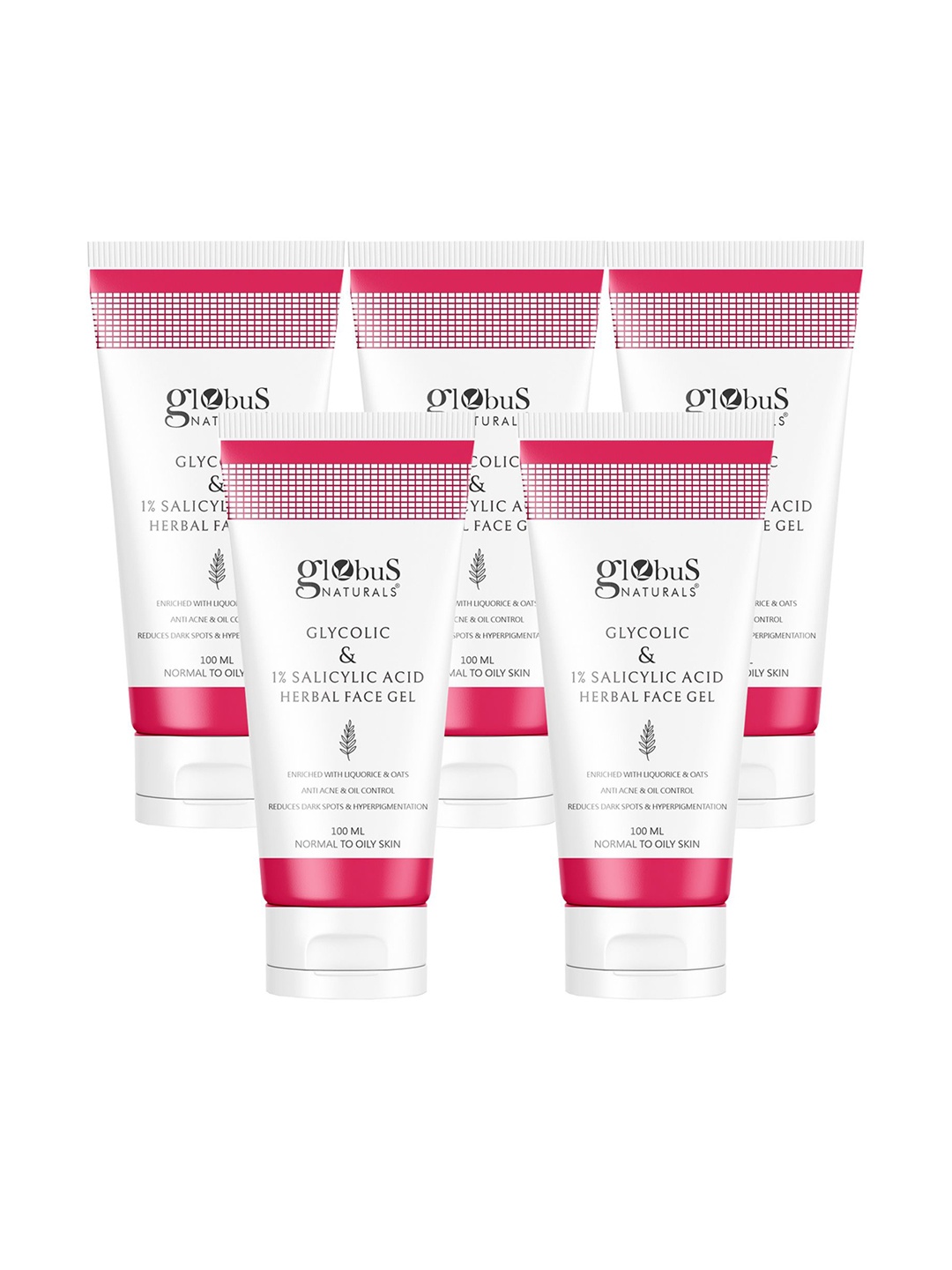 

Globus naturals Set Of 5 Glycolic & 1% Salicylic Acid Herbal Face Gel 100g Each, White