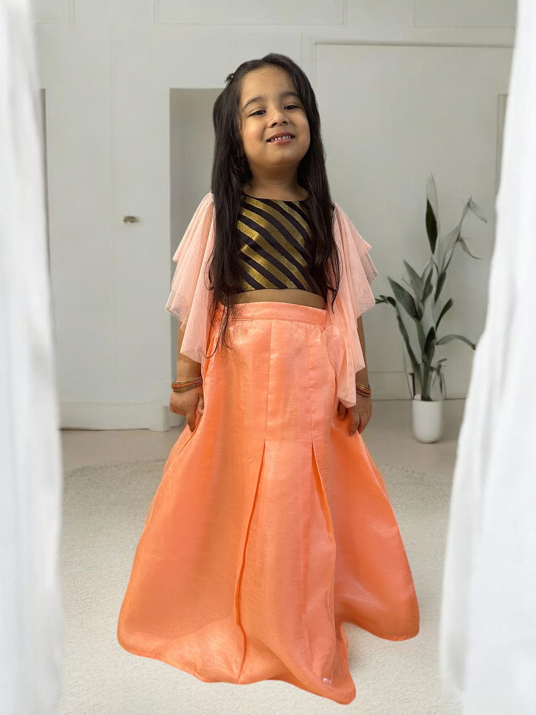 

Samsara Couture Girls Striped Flared Sleeves Silk Ready to Wear Lehenga With Choli, Peach