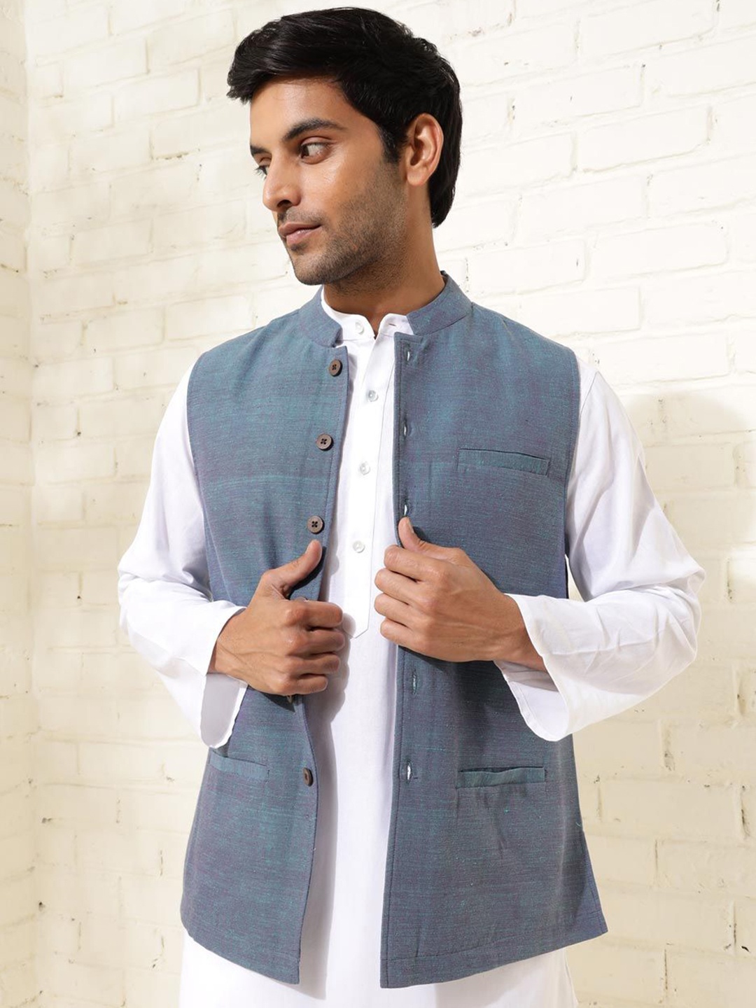 

Fabindia Woven Nehru Jacket, Blue